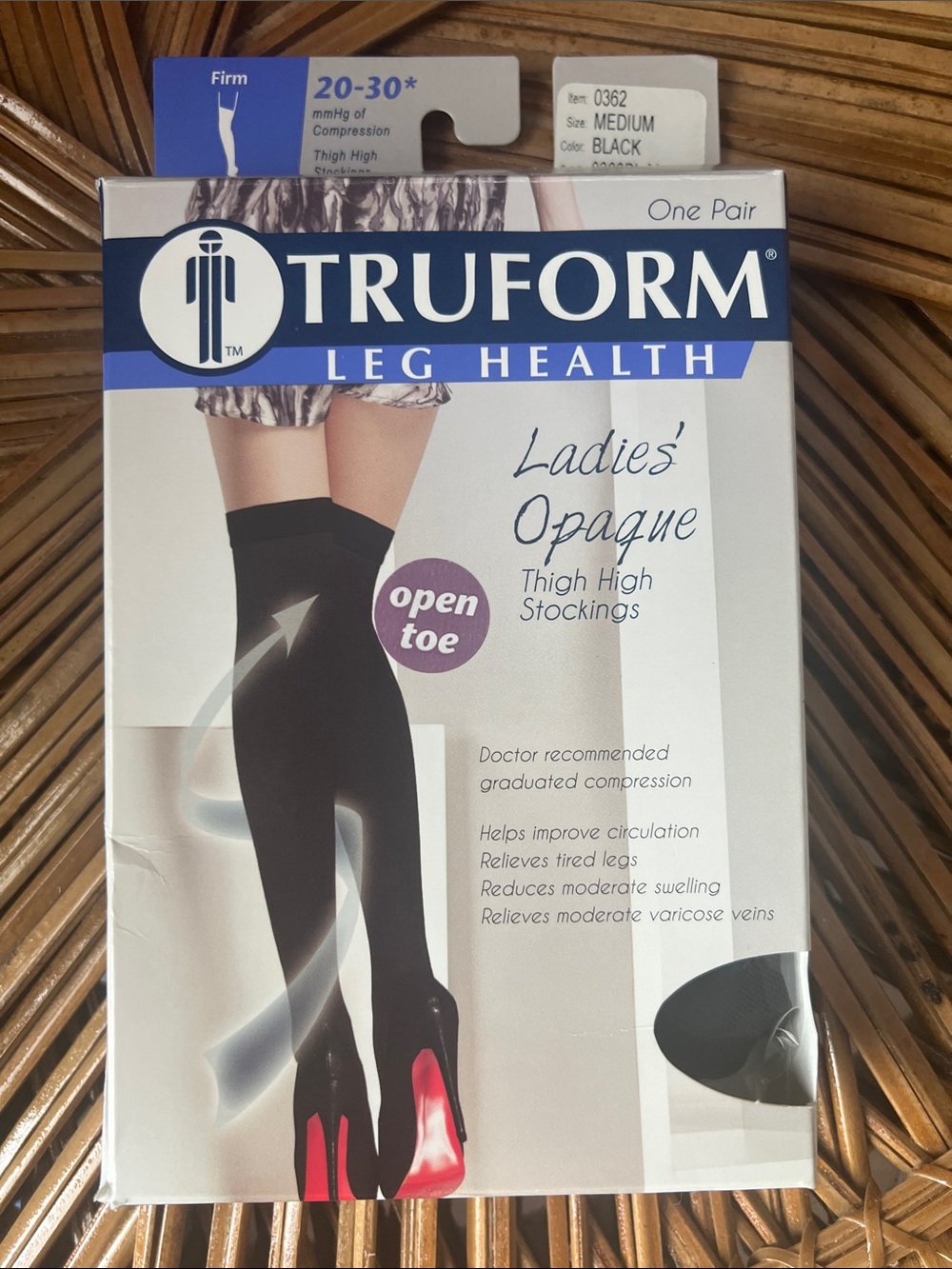 TruForm Medical Compression Thigh High Stockings in Black Opaque Open Toe